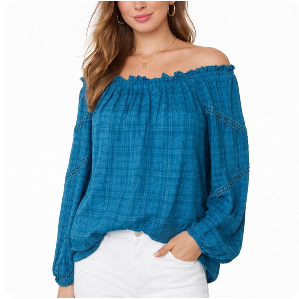 Democracy Women's XS Blue Off Shoulder Peasantโ Blouse Boho Long Sleeve NWT